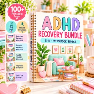Pode incluir: Um caderno de exercícios com encadernação em espiral ADHD Recovery Bundle com uma ilustração colorida de uma sala de estar com uma poltrona azul-petróleo, uma mesa de centro e plantas. A capa inclui o texto ADHD RECOVERY BUNDLE e 5-IN-1 WORKBOOK BUNDLE.