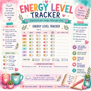 May include: A colorful Energy Level Tracker printable chart featuring a weekly grid with battery icons to monitor daily energy, sections for notes, triggers, and wins, plus instructional text, gentle reminders, and decorative illustrations of mugs and plants.