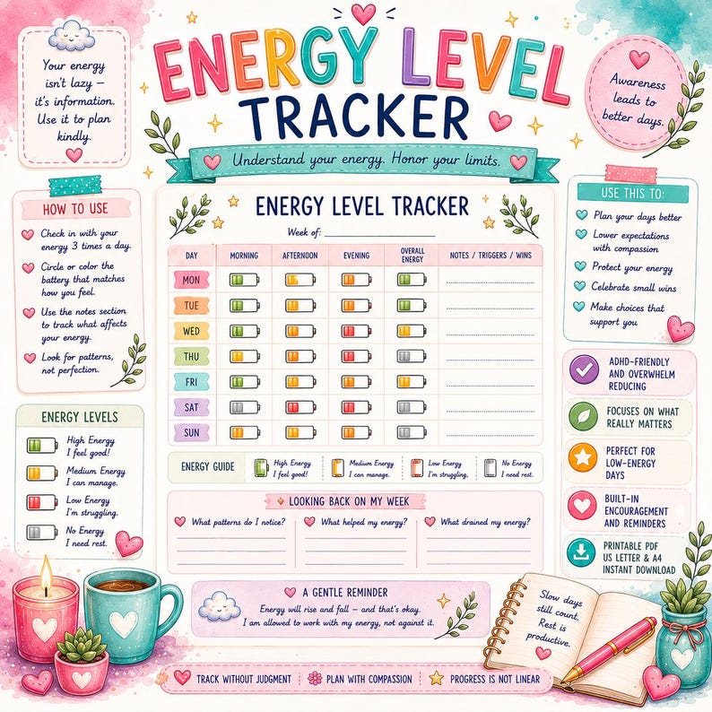 May include: A colorful Energy Level Tracker printable chart featuring a weekly grid with battery icons to monitor daily energy, sections for notes, triggers, and wins, plus instructional text, gentle reminders, and decorative illustrations of mugs and plants.