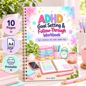 Könnte beinhalten: Ein spiralgebundenes ADHD Goal Setting & Follow-Through Arbeitsbuch mit Aquarell-Cover, das einen Stapel Bücher mit den Aufschriften Plan, Focus, Build Habits und Achieve, eine Checkliste, ein Smartphone, eine Uhr und eine rosa Tasse zeigt.