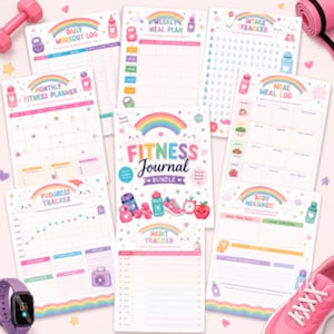 May include: A fitness journal bundle featuring multiple printable pages with rainbow, cloud, and fitness equipment graphics. The pages include titles like Daily Workout Log, Weekly Meal Plan, Intake Tracker, Monthly Fitness Planner, Meal Log, Progress Tracker, Body Measurement, and Habit Tracker, all decorated with pastel colors.