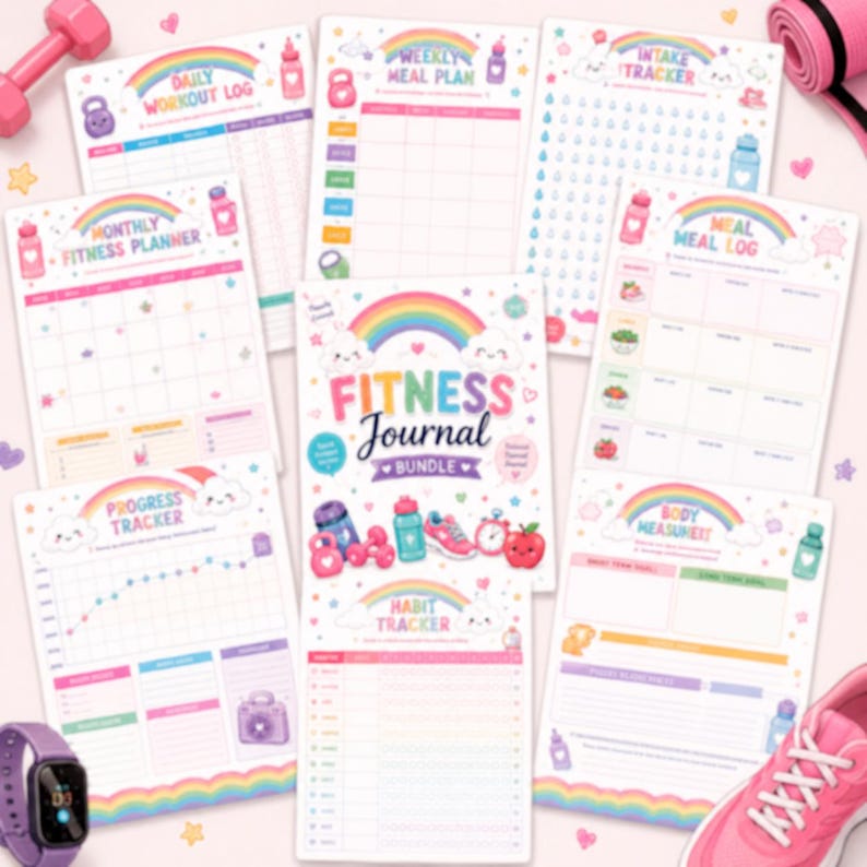 May include: A fitness journal bundle featuring multiple printable pages with rainbow, cloud, and fitness equipment graphics. The pages include titles like Daily Workout Log, Weekly Meal Plan, Intake Tracker, Monthly Fitness Planner, Meal Log, Progress Tracker, Body Measurement, and Habit Tracker, all decorated with pastel colors.