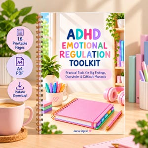 May include: A spiral-bound ADHD Emotional Regulation Toolkit with colourful text on the cover. The cover features the title and subtitle, Practical Tools for Big Feelings, Overwhelm & Difficult Moments. Includes icons for 16 printable pages, A4 PDF, and instant download.