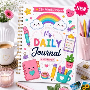 Peut inclure: Un journal à spirales avec une couverture blanche illustrée d'un arc-en-ciel, de nuages, d'un stylo, d'un presse-papier, d'une plante en pot et d'un petit carnet. Le texte indique My DAILY Journal et 25+ Printable Pages. Une étoile rose NEW.
