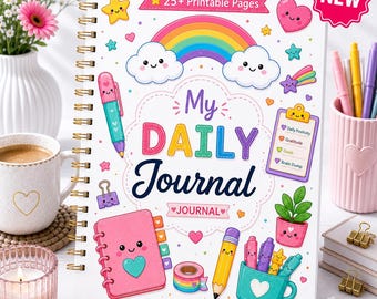 May include: A spiral-bound journal with a white cover featuring colorful illustrations of a rainbow, clouds, a pen, a clipboard, a potted plant, and a small notebook. The text reads My DAILY Journal and 25+ Printable Pages. The cover has a pink NEW starburst.
