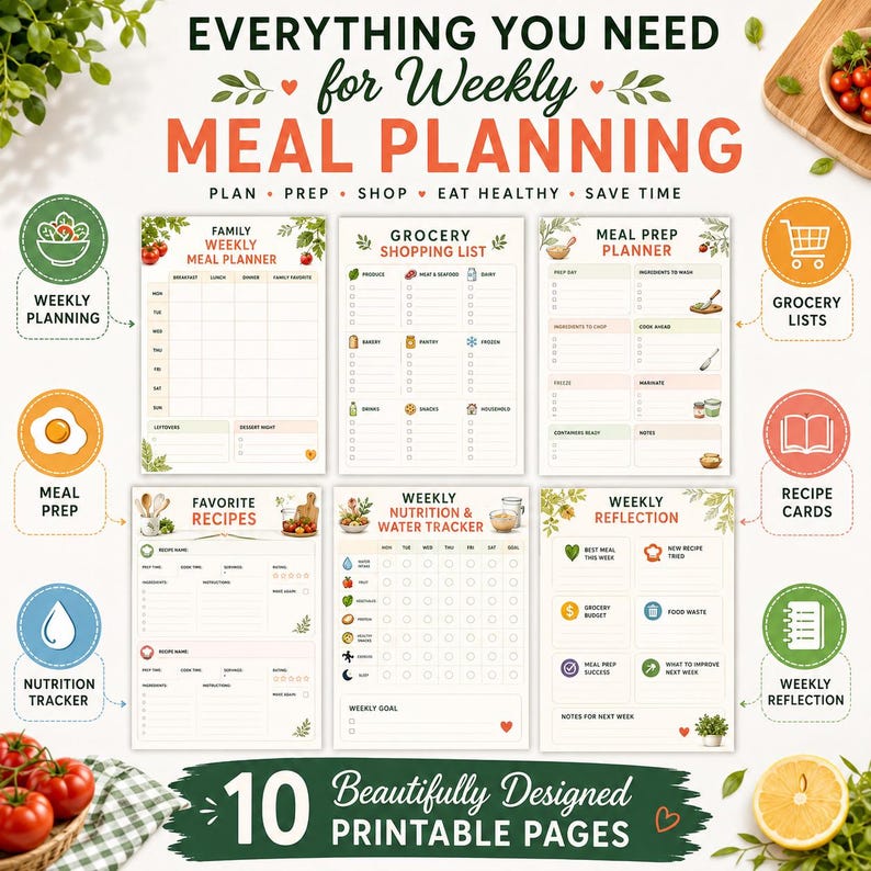 Weekly Meal Planner Printable Bundle | Grocery List, Prep, Recipes (A4 ...