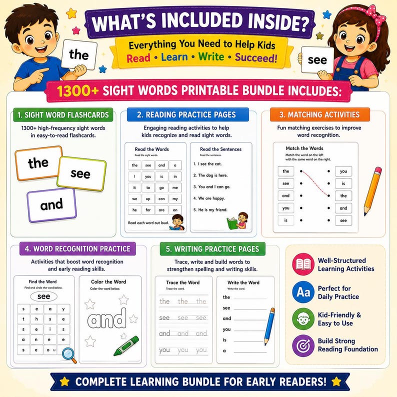 1300+ Pages of Sight Words Printable Bundle | Preschool Kindergarten Reading Worksheets (Digital Download) image 2