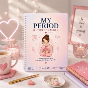 Puede incluir: Un cuaderno de espiral titulado MY PERIOD & CYCLE TRACKER con una portada de degradado pastel. La portada presenta una ilustración de una persona sosteniendo una bolsa de agua caliente, rodeada de iconos de calendario, útero, compresa y copa menstrual.