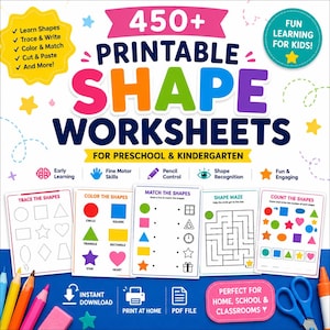 May include: A collection of 450+ printable shape worksheets for preschool and kindergarten featuring colorful text and graphics. The set includes activities like tracing, coloring, matching, mazes, and counting shapes, with icons for learning skills.