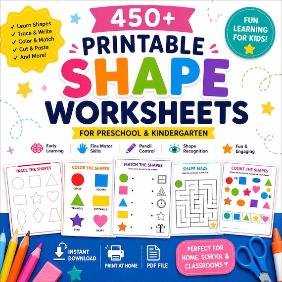 Preschool Shape Worksheets Bundle | Kindergarten Shape Activities | 450+ Printable PDF