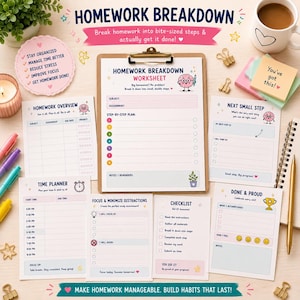 May include: A homework breakdown worksheet set featuring a clipboard with a step-by-step plan, a homework overview, a time planner, a focus and minimize distractions sheet, a checklist, and a done and proud tracker with colorful icons and text.