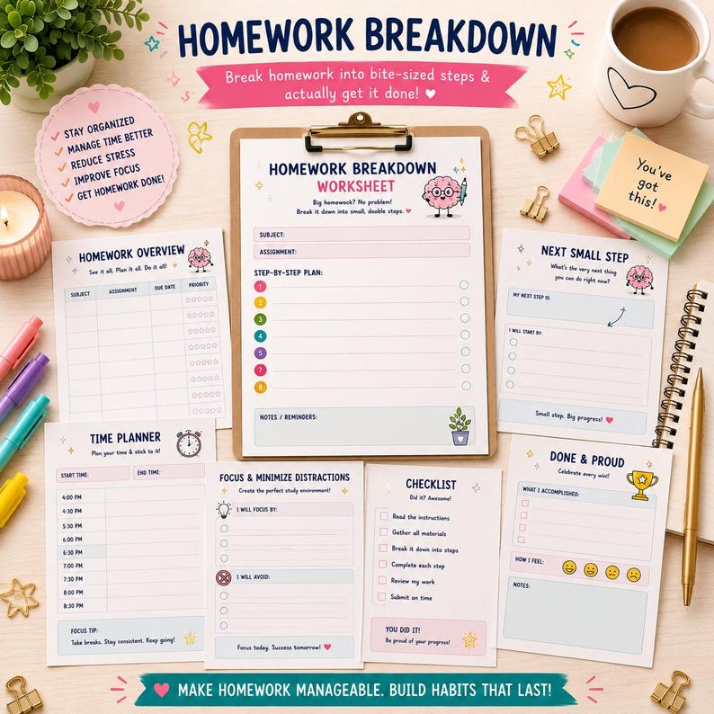 May include: A homework breakdown worksheet set featuring a clipboard with a step-by-step plan, a homework overview, a time planner, a focus and minimize distractions sheet, a checklist, and a done and proud tracker with colorful icons and text.