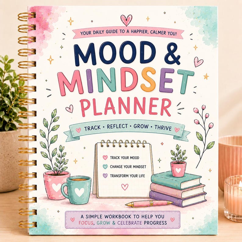 May include: A spiral-bound Mood & Mindset Planner with a white cover featuring colorful illustrations of plants, books, a mug, and a pen. The text reads: Your daily guide to a happier, calmer you! Mood & Mindset Planner, Track, Reflect, Grow, Thrive.