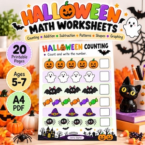 Può includere: Un set di schede didattiche di matematica a tema Halloween con 20 pagine stampabili per bambini dai 5 ai 7 anni in formato PDF A4. La scheda mostra file di zucche, fantasmi, pipistrelli, caramelle, cappelli e ragni colorati da contare.