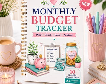 Puede incluir: Un planificador Monthly Budget Tracker de espiral con cubierta blanca que muestra un corazón rosa, una hucha, una calculadora y un tarro de monedas. El texto dice Monthly Budget Tracker, Plan Track Save Achieve y 10 Beautiful Planner Pages A4.
