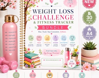 May include: A spiral-bound Weight Loss Challenge & Fitness Tracker Bundle planner featuring cherry blossom illustrations, a pink water bottle with hourly time markers, two pink 2kg dumbbells, and icons for tracking habits, meals, and workouts.