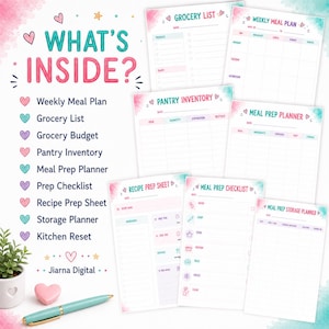 Puede incluir: Un conjunto de planificaci&oacute;n de comidas digital que incluye una lista de contenidos con un planificador semanal, lista de compras, presupuesto, inventario de despensa, planificador de preparaci&oacute;n, lista de verificaci&oacute;n, hoja de recetas y planificador de almacenamiento. Las p&aacute;ginas tienen detalles en acuarela rosa y turquesa.