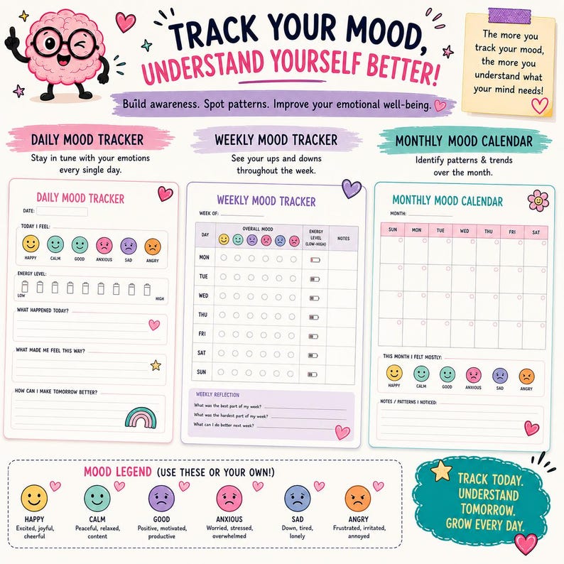 May include: A mood tracking printable set featuring a daily tracker, weekly tracker, and monthly calendar. The design includes a pink brain character, colorful emoji icons, and text prompts like TRACK YOUR MOOD, UNDERSTAND YOURSELF BETTER.