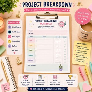 May include: A project breakdown worksheet on a clipboard with a pink brain character holding a pencil. The worksheet includes sections for project name, end goal, five phases with tasks, due dates, and checkboxes. It features colorful icons and text.