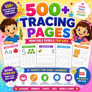 May include: A colorful printable bundle for kids featuring 500+ tracing pages. Includes alphabet, number, shape, line, and word tracing activities. The image shows a boy and girl holding pencils, with the text "Perfect for Early Learners!"