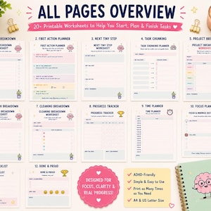 May include: A collection of 12 printable worksheets titled ALL PAGES OVERVIEW, featuring task breakdown, action planners, progress trackers, and time planners. The pages include pastel-colored sections, a cartoon brain character, and text.