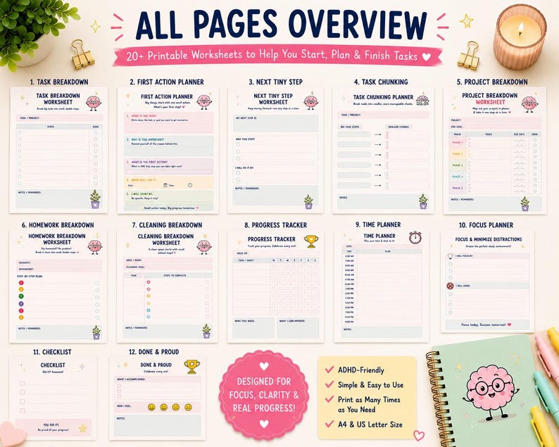 May include: A collection of 12 printable worksheets titled ALL PAGES OVERVIEW, featuring task breakdown, action planners, progress trackers, and time planners. The pages include pastel-colored sections, a cartoon brain character, and text.