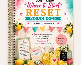 May include: A spiral-bound workbook titled I Don't Know Where to Start RESET WORKBOOK. The cover features watercolor lemons, a pitcher of lemonade, and bunting flags. Text includes A Gentle Step-by-Step Guide to Clear Your Mind, Reset Your Life & Move Forward, and You've got this!