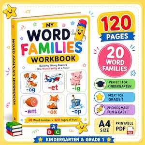 Puede incluir: Un libro de ejercicios My Word Families con 120 páginas y 20 familias de palabras. La portada muestra un lápiz, un cachorro, un avión, un cerdo, un jamón, un zorro y una fregona. El texto incluye My Word Families Workbook y tamaño A4.