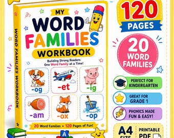 Kids Kindergarten Word Families Workbook | Phonics CVC Reading Activities (Printable PDF)