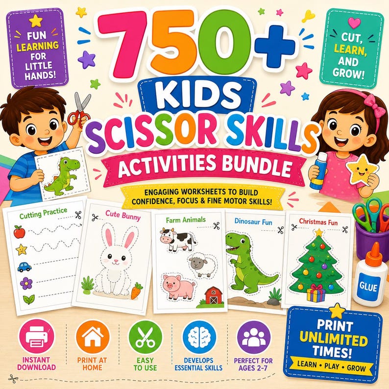 May include: A colorful bundle of 750+ kids' scissor skills activities. The image features illustrations of children, scissors, and worksheets with various themes like farm animals, dinosaurs, and Christmas. Includes glue and the text "Print Unlimited Times!"