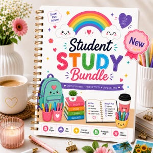 Può includere: Un'agenda a spirale Student Study Bundle con copertina bianca decorata da un arcobaleno, nuvole, uno zaino color ottanio, libri impilati e un bicchiere di caffè. Il testo riporta Student Study Bundle, Dream Plan Achieve e You Got This.