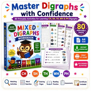 May include: A workbook titled Mixed Digraphs Workbook featuring an owl in a graduation cap and a train with cars labeled Read It, Write It, Learn It, and Love It. The set includes 80 printable A4 pages for learning CH, SH, TH, WH, and PH digraphs.