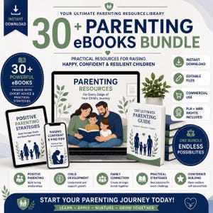 May include: A digital graphic advertising a parenting eBook bundle. The image shows a laptop, tablet, and smartphone displaying parenting resources. The text includes "30+ Parenting eBooks Bundle" and "Practical Resources for Raising Happy, Confident & Resilient Children."
