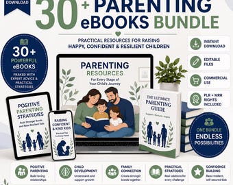May include: A digital graphic promoting a parenting eBook bundle. The image features a laptop, tablet, and smartphone displaying parenting resources. The text includes "30+ Parenting eBooks Bundle" and "Practical Resources for Raising Happy, Confident & Resilient Children."