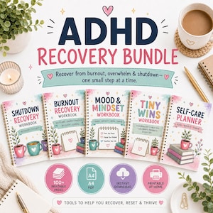 May include: An ADHD recovery bundle featuring five spiral-bound workbooks titled Shutdown Recovery, Burnout Recovery, Mood & Mindset, Tiny Wins, and Self-Care Planner. The covers feature pastel watercolour illustrations of plants, mugs, and books.