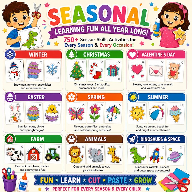 May include: Colorful educational poster with the title "SEASONAL" and the text "LEARNING FUN ALL YEAR LONG!" featuring various seasonal scissor skills activities. Includes images of winter, Christmas, Valentine's Day, Easter, spring, summer, farm, animals, and dinosaurs.
