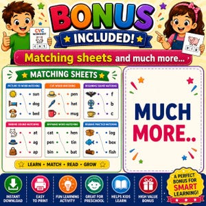 May include: Educational printable featuring matching sheets and more. Includes CVC word matching, beginning sound matching, and rhyming word matching. The image has the text "BONUS INCLUDED!" and "MUCH MORE.."