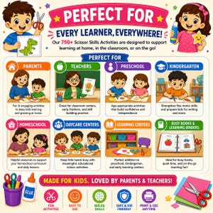 May include: A colorful educational poster with the text "Perfect For Every Learner, Everywhere!" and illustrations of children and adults. It highlights scissor skills activities for parents, teachers, preschool, kindergarten, homeschool, daycare centers, and learning centers.