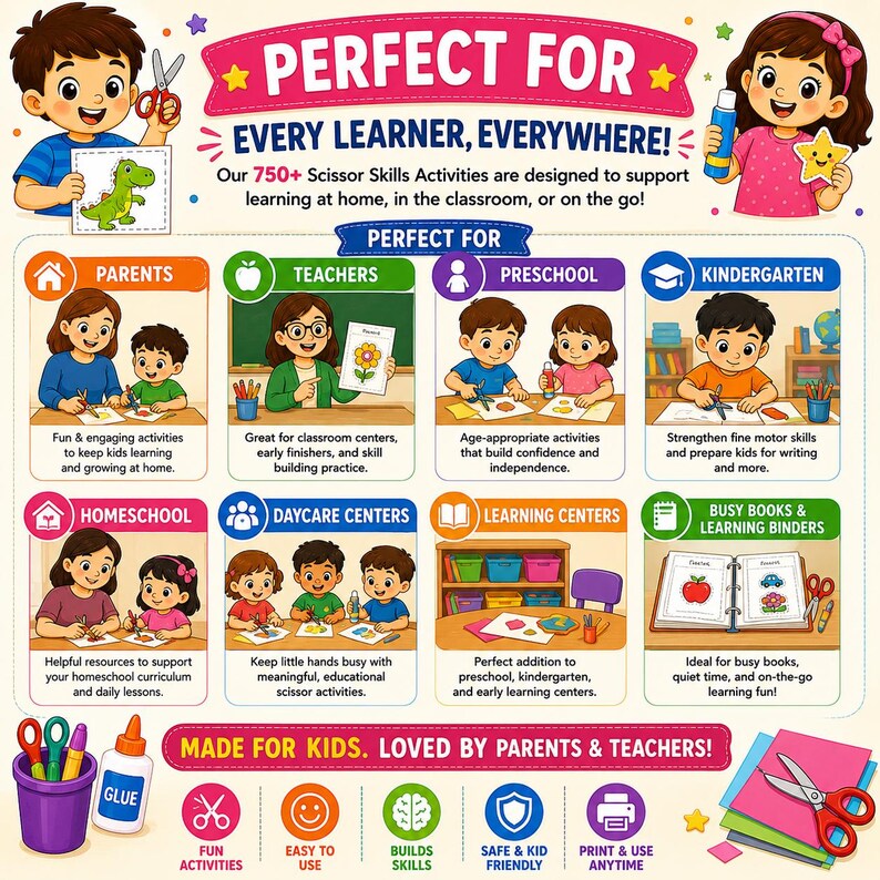 May include: A colorful educational poster with the text "Perfect For Every Learner, Everywhere!" and illustrations of children and adults. It highlights scissor skills activities for parents, teachers, preschool, kindergarten, homeschool, daycare centers, and learning centers.
