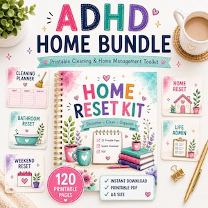 Puede incluir: Un kit imprimible ADHD Home Bundle que incluye un planificador Home Reset Kit con espiral, cuatro tarjetas de tareas cuadradas y una insignia circular de 120 páginas imprimibles. El diseño presenta texto colorido, ilustraciones florales e iconos de gestión.