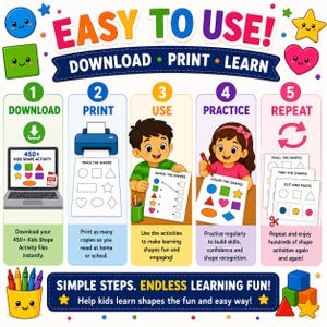 An educational infographic titled EASY TO USE! DOWNLOAD PRINT LEARN, outlining five steps for a kids' shape activity set. It features cartoon illustrations of children using worksheets, a laptop, and crayons, with text explaining the process of downloading, printing, using, practising, and repeating shape-based learning exercises.