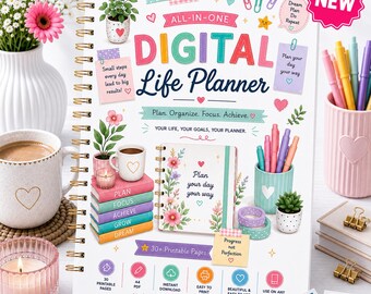 May include: A spiral-bound All-in-One Digital Life Planner with a white cover featuring colorful illustrations of stationery, plants, and hearts. The cover displays the text 'Digital Life Planner', 'Plan. Organize. Focus. Achieve.', and '30+ Printable Pages'.