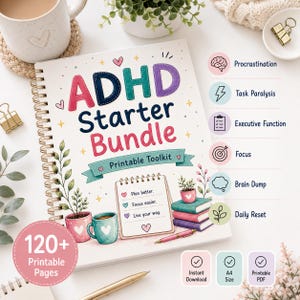 May include: A spiral-bound ADHD Starter Bundle printable toolkit workbook with a white cover featuring colorful illustrations of plants, mugs, and books. The text reads ADHD Starter Bundle, Plan better, Focus easier, and Live your way, with icons for Procrastination, Task Paralysis, Executive Function, Focus, Brain Dump, and Daily Reset.