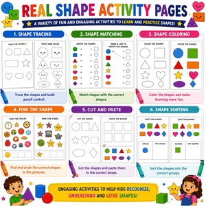 A colourful educational worksheet titled REAL SHAPE ACTIVITY PAGES featuring six sections: shape tracing, matching, colouring, finding, cutting, pasting, and sorting. The page includes various geometric shapes, illustrations, and text.