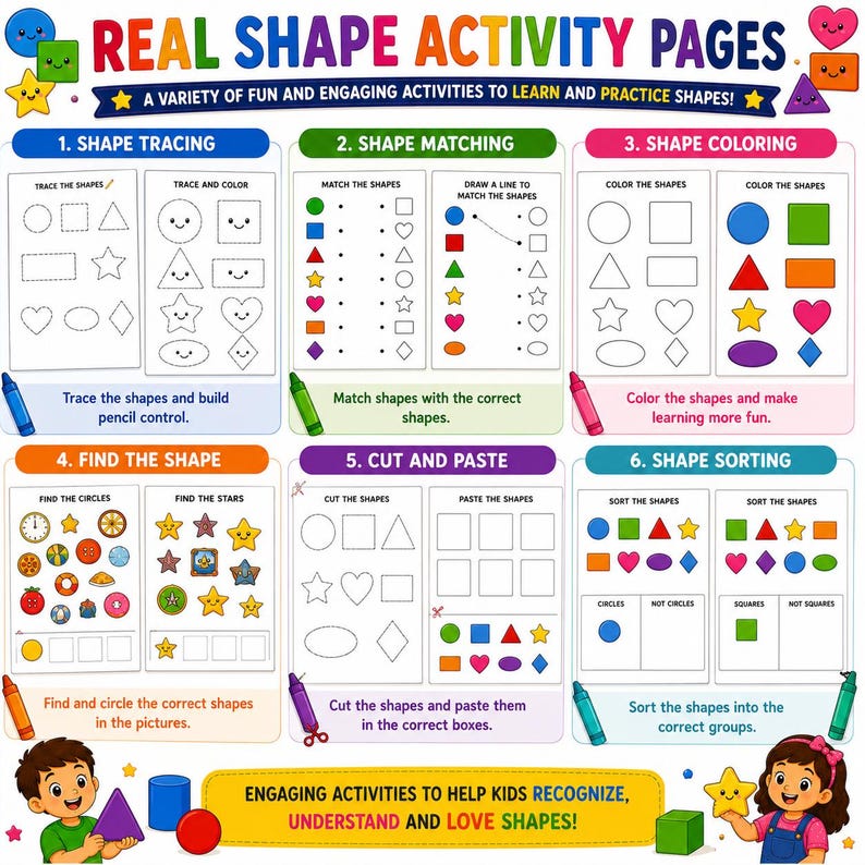 A colourful educational worksheet titled REAL SHAPE ACTIVITY PAGES featuring six sections: shape tracing, matching, colouring, finding, cutting, pasting, and sorting. The page includes various geometric shapes, illustrations, and text.