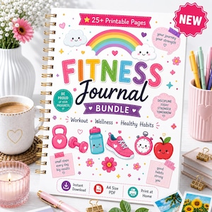 May include: A spiral-bound fitness journal bundle with a white cover featuring a colorful rainbow, clouds, and fitness icons like a kettlebell, dumbbell, water bottle, sneaker, stopwatch, and apple. The text reads Fitness Journal Bundle, Workout, Wellness, Healthy Habits, and includes motivational phrases.