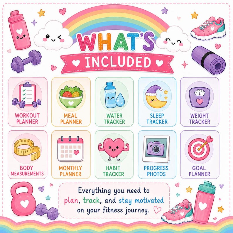 May include: A colorful digital graphic titled WHAT'S INCLUDED featuring icons for a workout planner, meal planner, water tracker, sleep tracker, weight tracker, body measurements, monthly planner, habit tracker, progress photos, and goal planner.