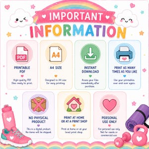 May include: A colorful digital information graphic with a rainbow border, featuring the text IMPORTANT INFORMATION. It includes seven icons with labels explaining that this is a printable A4 PDF, an instant download for personal use only.