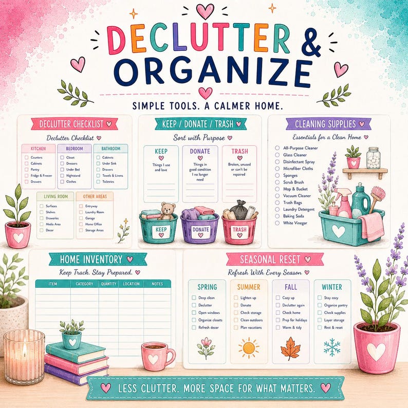 May include: A multi-section organizational chart titled DECLUTTER & ORGANIZE with checklists for home inventory, cleaning supplies, and seasonal resets. The design features pastel colors, illustrations of potted plants, books, and storage bins.