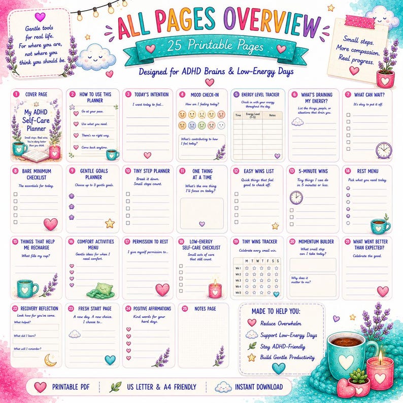 May include: A digital collection of 25 printable pages titled All Pages Overview, designed as an ADHD self-care planner. The layout features numbered sections with prompts for mood tracking, energy levels, goal setting, and daily reflections, decorated with lavender, hearts, and clouds.